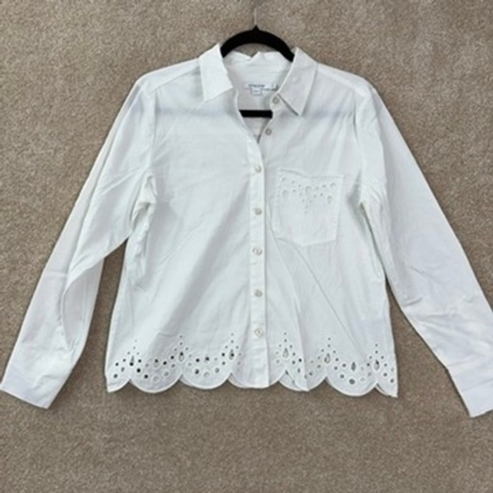 CHICO'S Button Down Shirt Size 0 US 4 White Eyelet Long Sleeve Blouse
